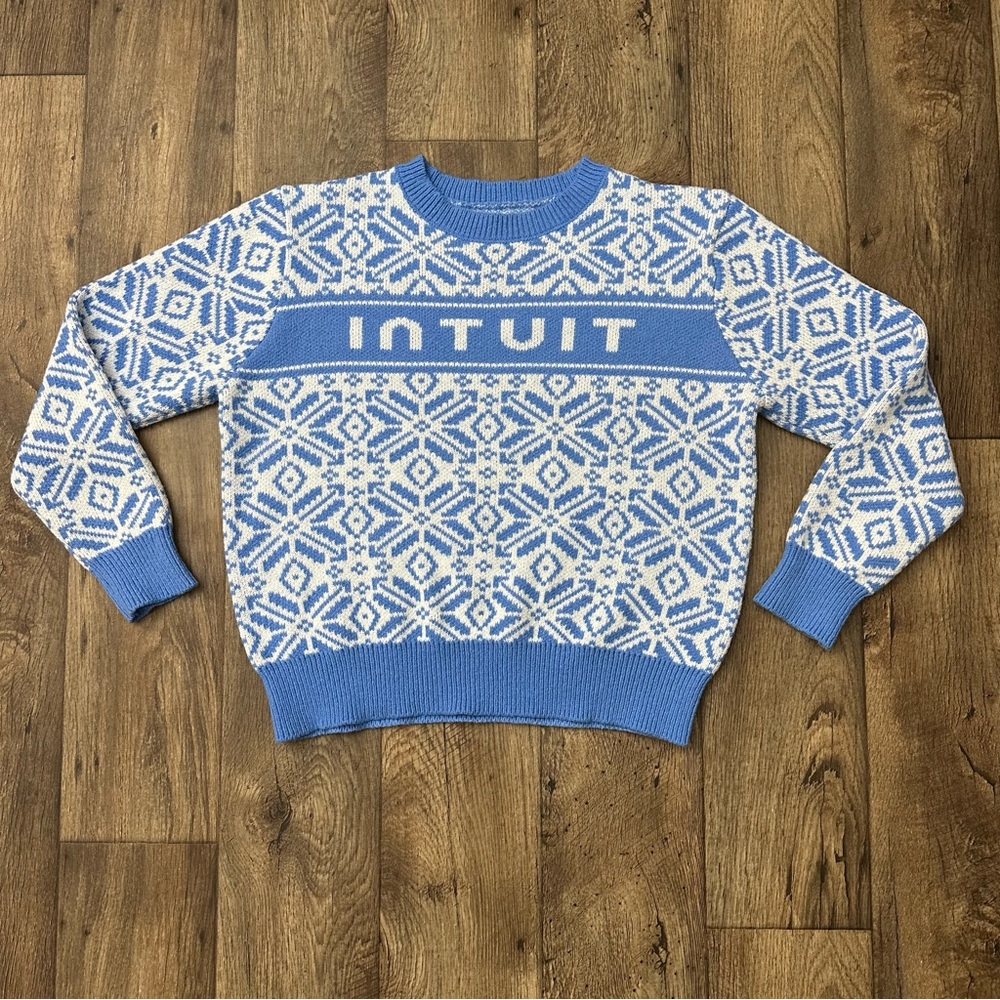 Intuit Winter Crew Neck Ugly Christmas Knit Sweater Size L Blue White Snowflake